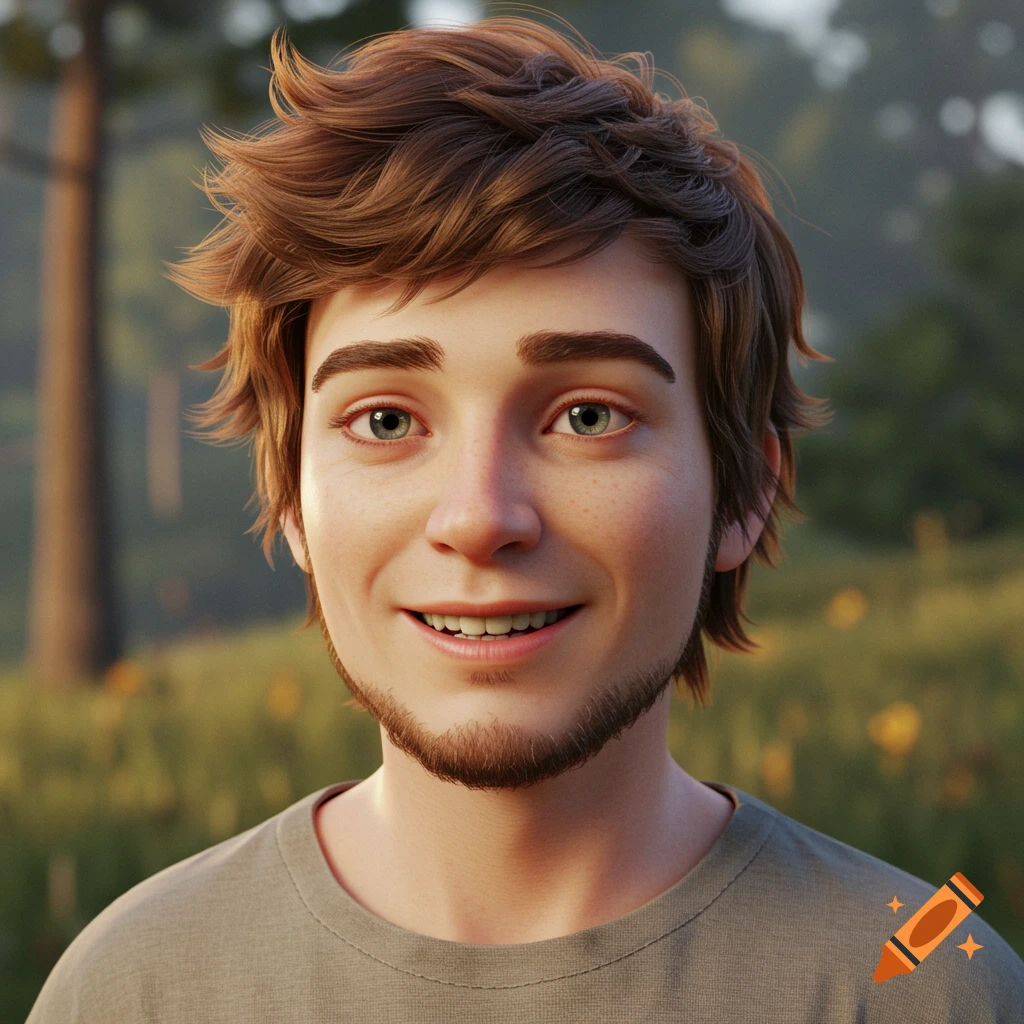 Realistic 3D portrait of a smiling young man with brown hair and beard outdoors