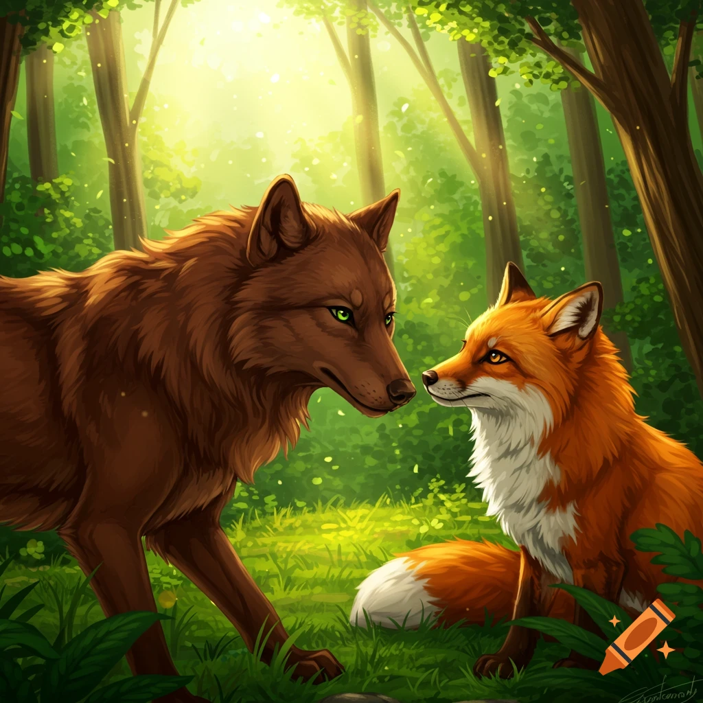 Illustration of a brown wolf and an orange fox looking at each other in a sunlit forest.
