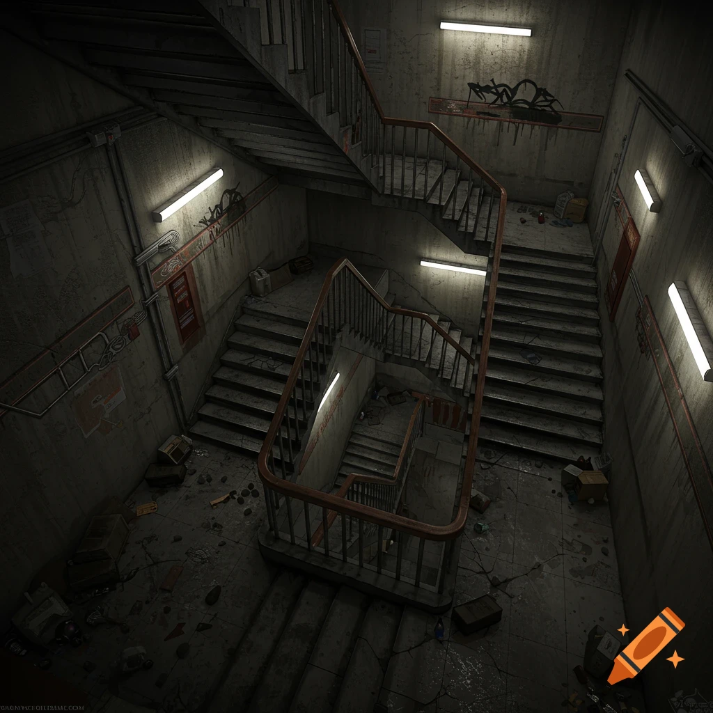 Realistic depiction of a dark, grimy concrete apartment stairwell, lit by fluorescent lights, with debris and graffiti.
