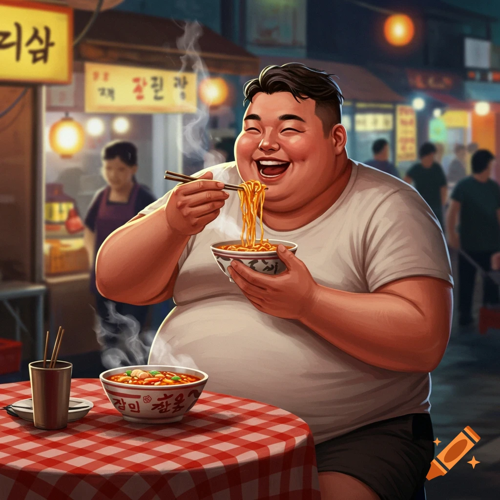 Illustration of a large man smiling broadly and eating noodles with chopsticks at an outdoor table.