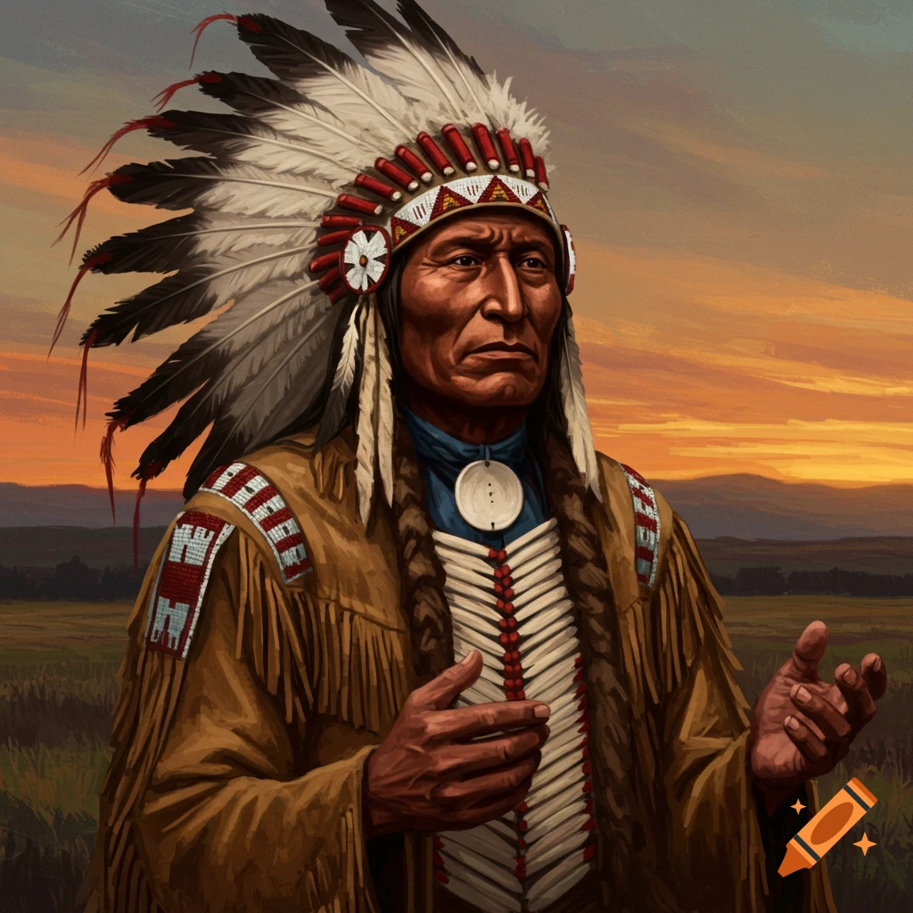 Portrait of a Native American man in a feathered headdress and traditional clothing against a sunset.