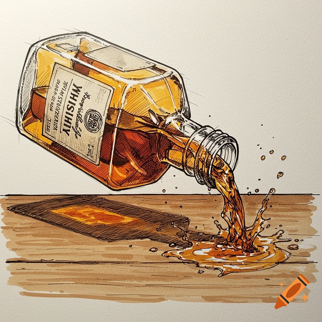 Sketch of a whiskey bottle spilling liquid onto a wooden table.