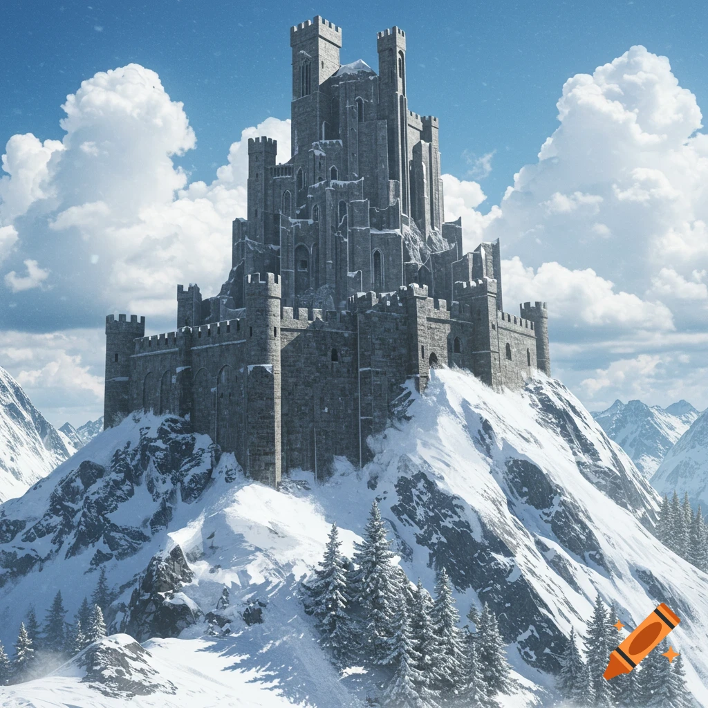 A large castle sits atop a snow-covered mountain peak.