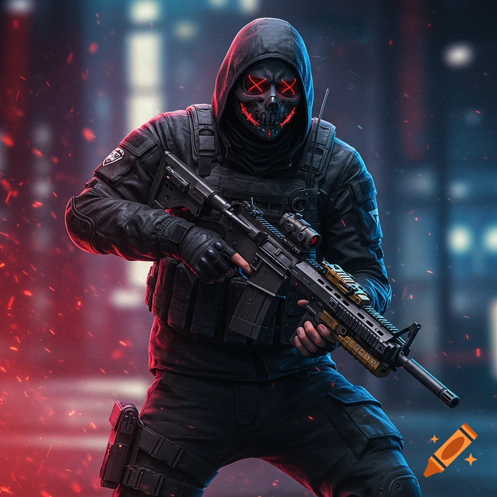 Person in black tactical gear with glowing mask holds rifle in urban setting