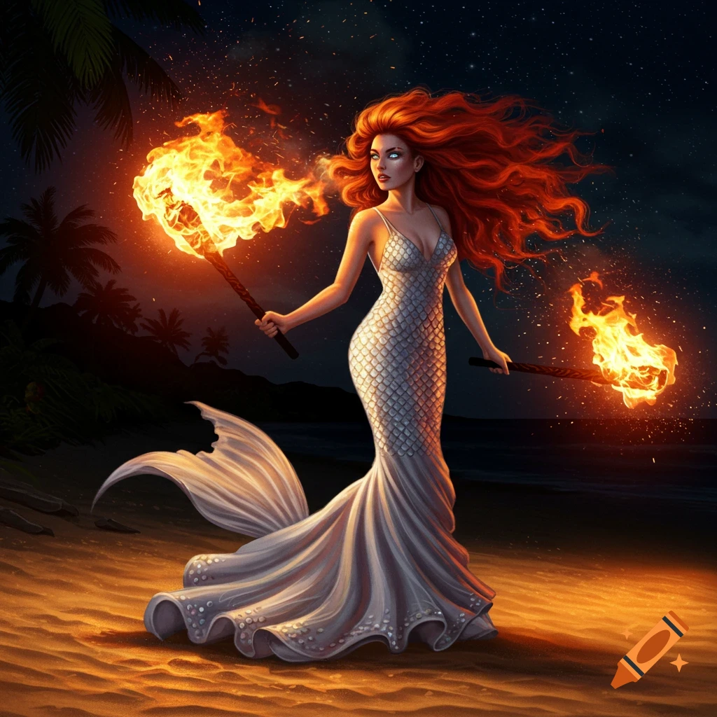 Painting of a female figure in a white mermaid gown holding fire torches on a beach at night