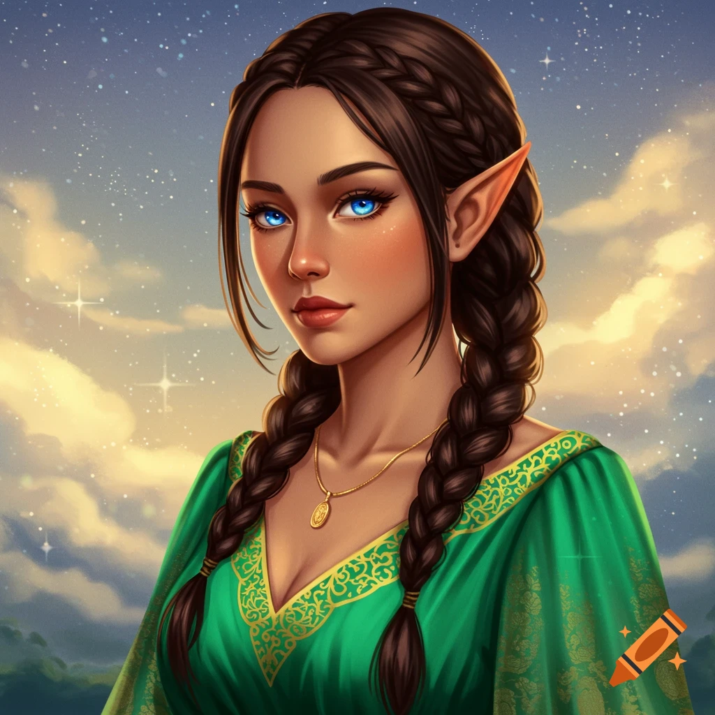 A fantasy illustration of a woman with elf ears and braided hair against a starry sky.