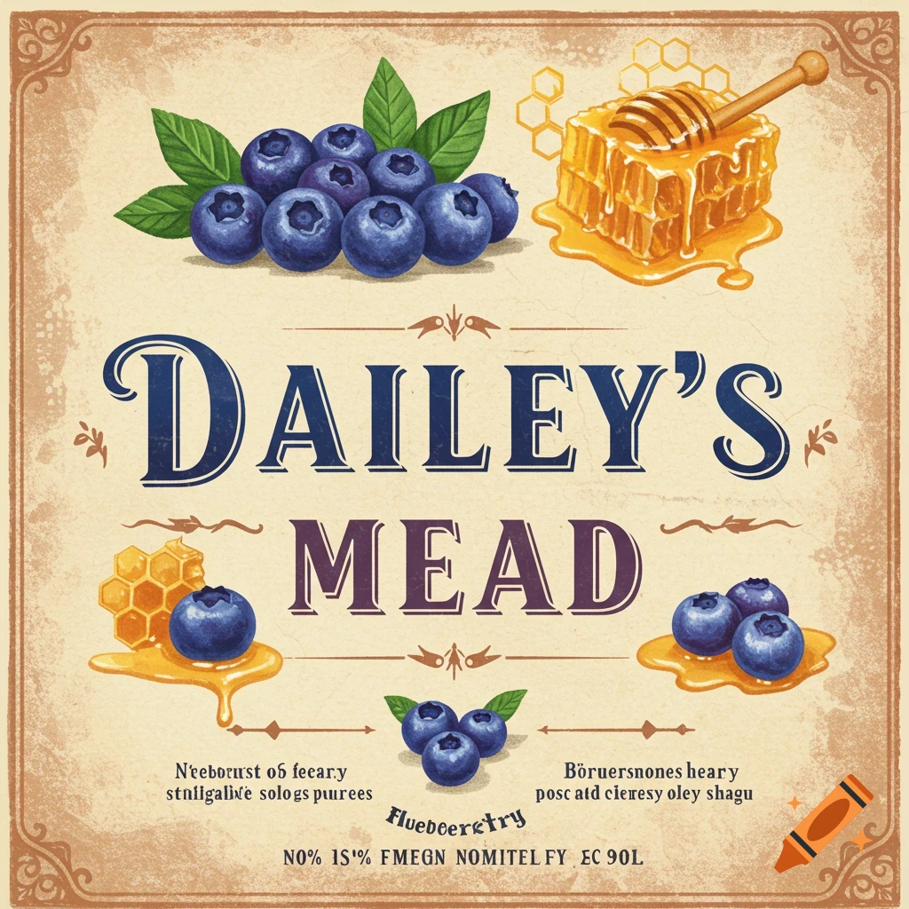A rustic illustrated label for Dailey's Mead, featuring blueberries and honeycomb.