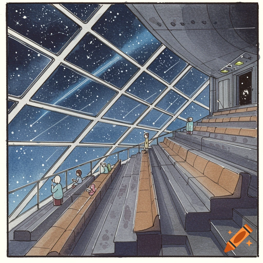 Simple watercolor illustration of people watching stars from a tiered observation room in space.