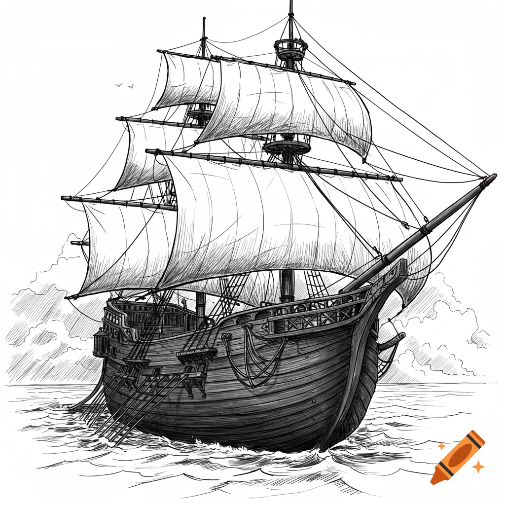 A detailed sketch of a large sailing ship on the sea.