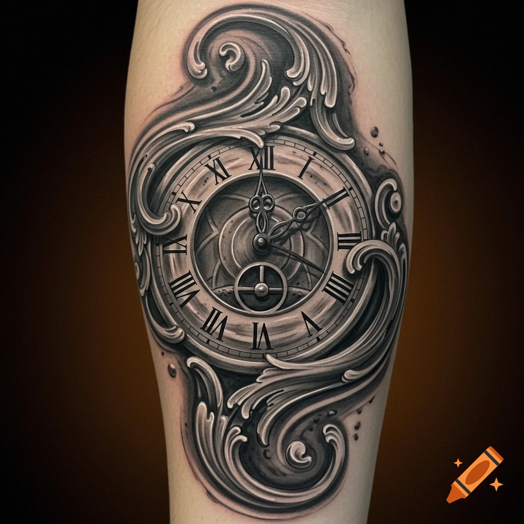 Detailed grey wash tattoo of an ornate baroque clock face.