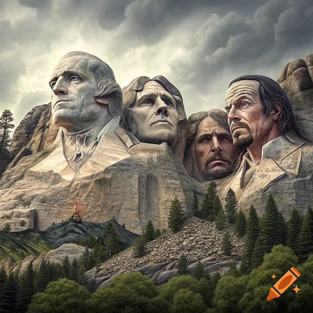 Mount Rushmore-style carving with four detailed faces on a mountainside landscape