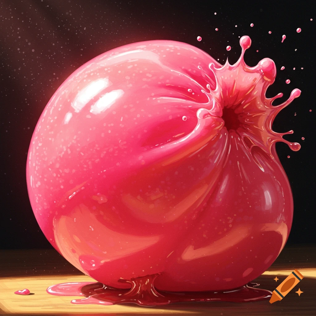A large, shiny pink sphere bursts open, splashing liquid onto a wooden surface.