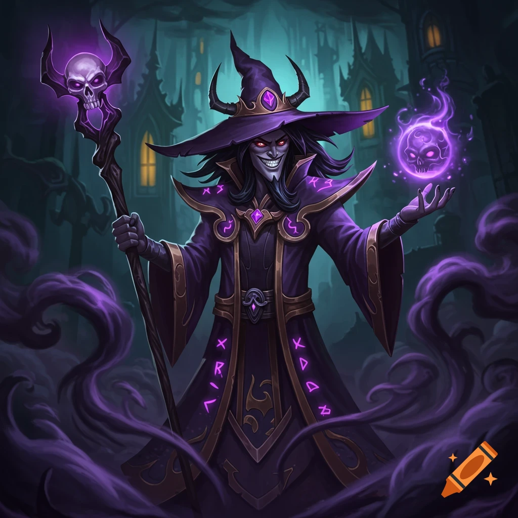A cartoony evil wizard in purple robes holding a staff and a magic skull, in a dark fantasy setting.
