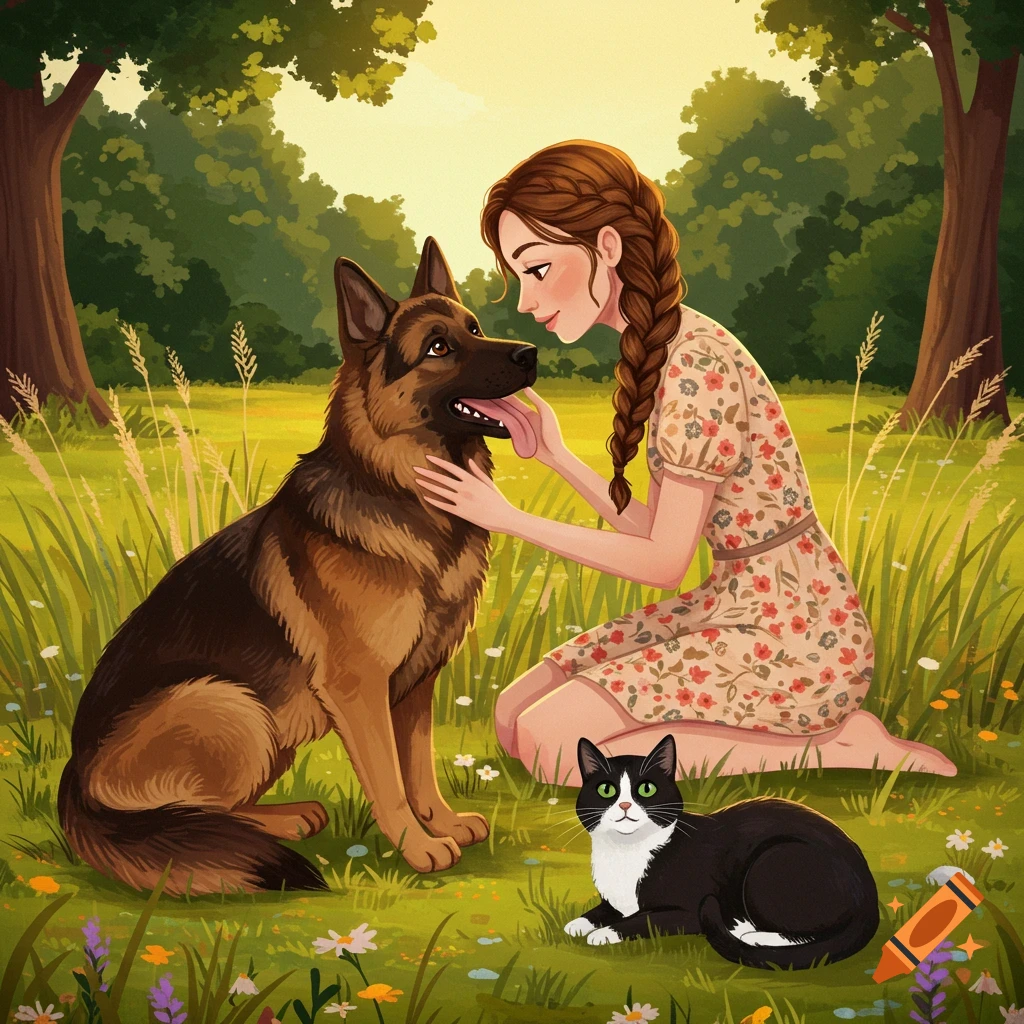 An illustration of a girl kneeling in a sunny field with a German Shepherd and a black and white cat.