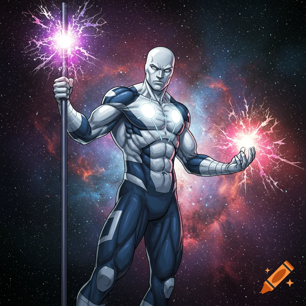 A bald superhero in a blue and white suit stands holding a staff, surrounded by cosmic energy in a starry space background.