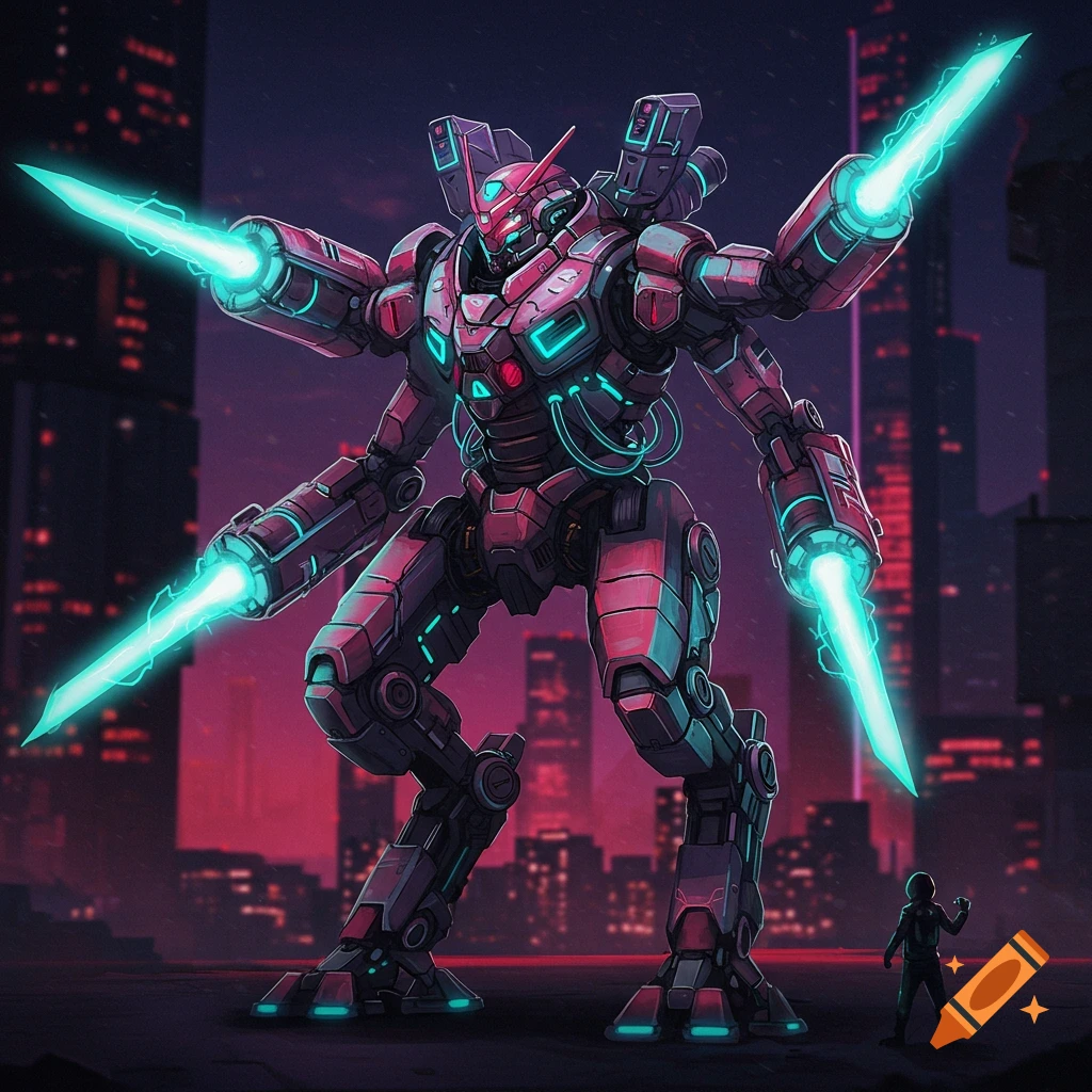 A large red and grey mech suit with four arms and glowing energy blades stands over a small figure in a futuristic city.