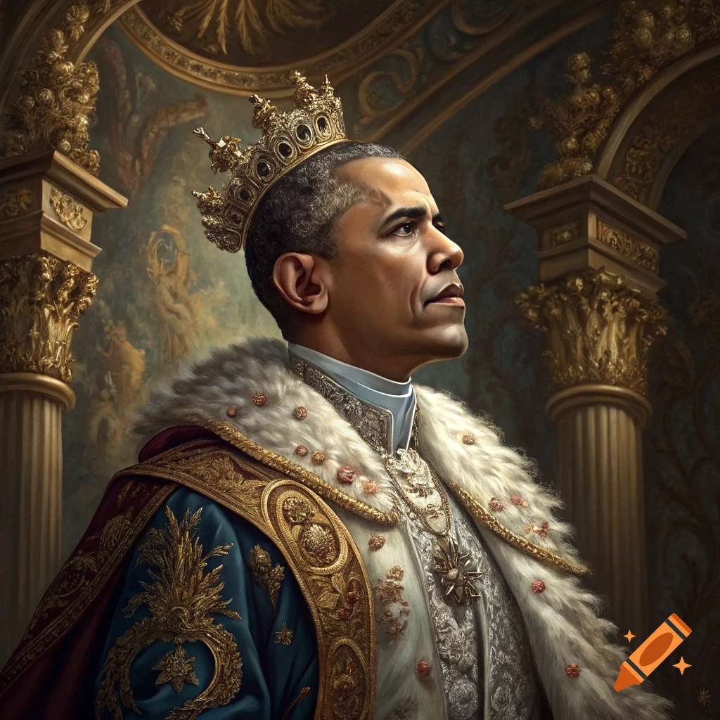 Baroque style portrait painting of Barack Obama wearing a crown and royal robes in a grand hall.