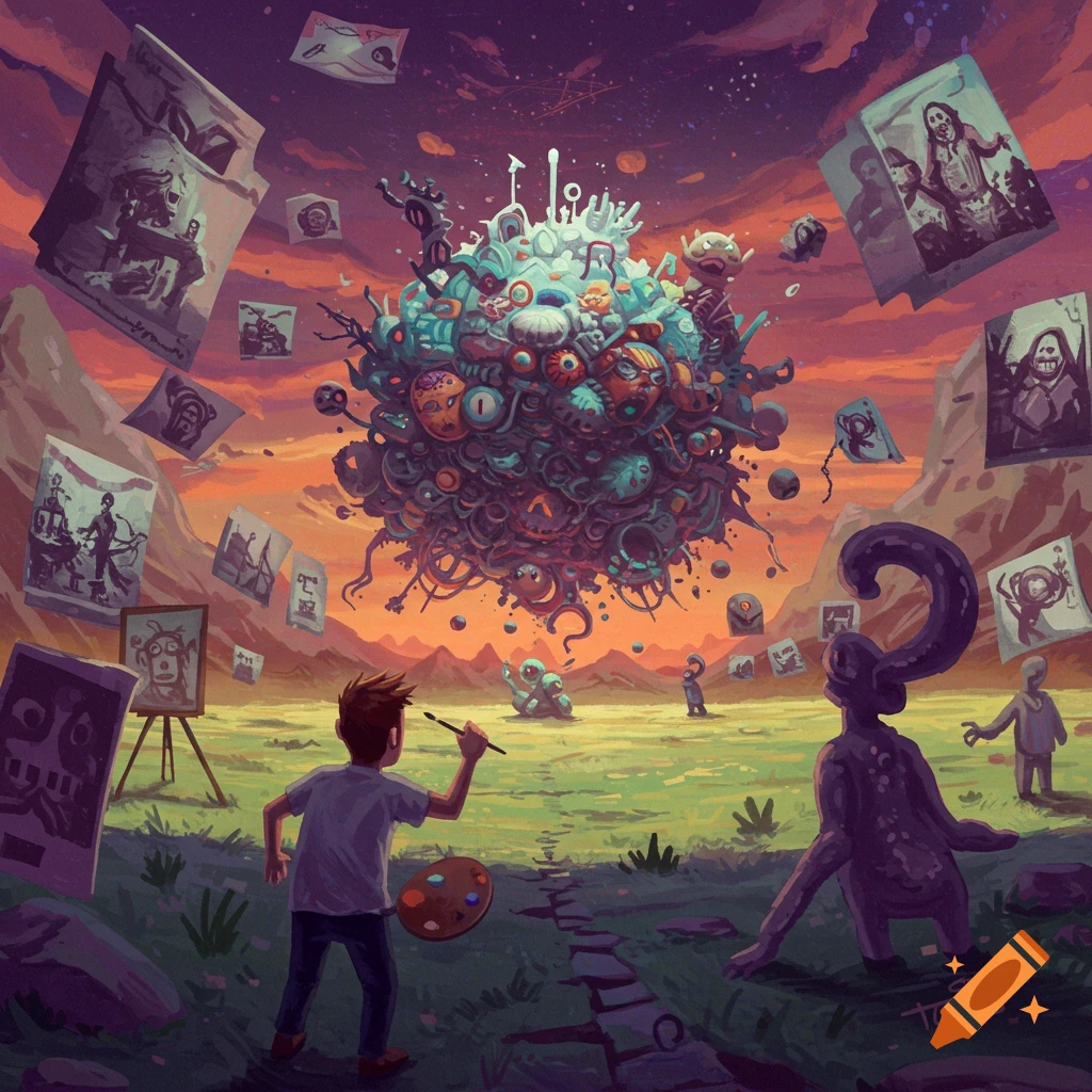 A person paints a surreal floating orb filled with eyes and faces, in a landscape with strange figures and floating artwork.