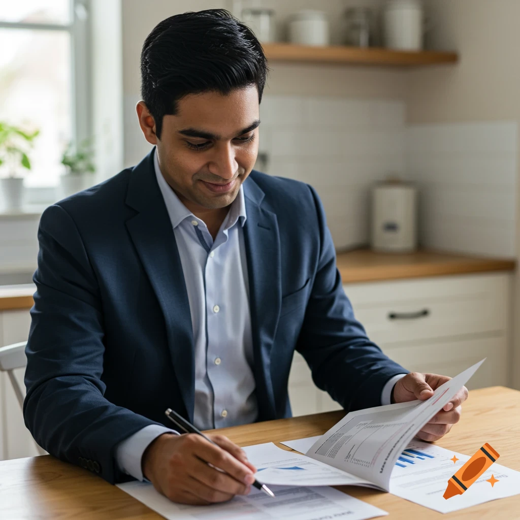 Man in suit writing and reading documents at a kitchen table.