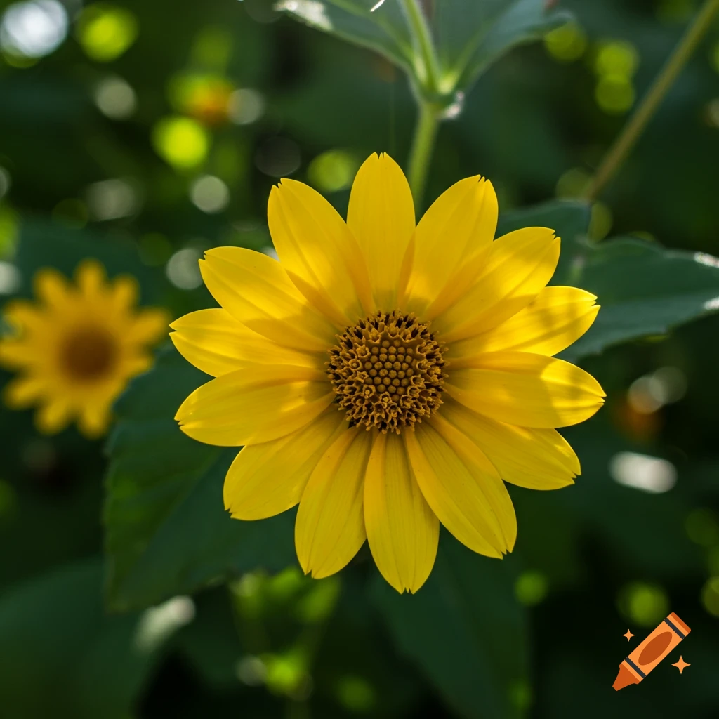 A photorealistic close-up of a yellow daisy-like flower with a blurred green background.