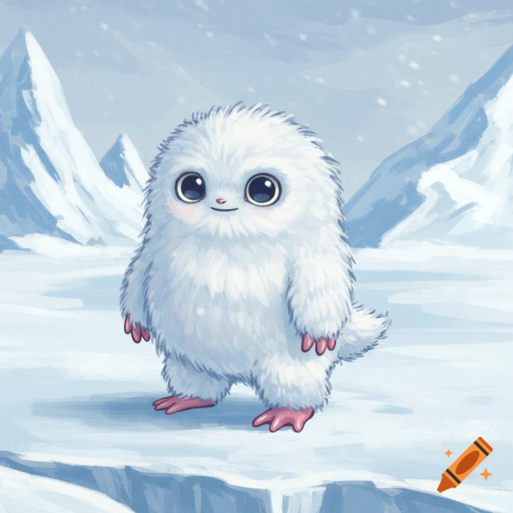 A cute white fluffy creature stands in a snowy mountain landscape, illustration.