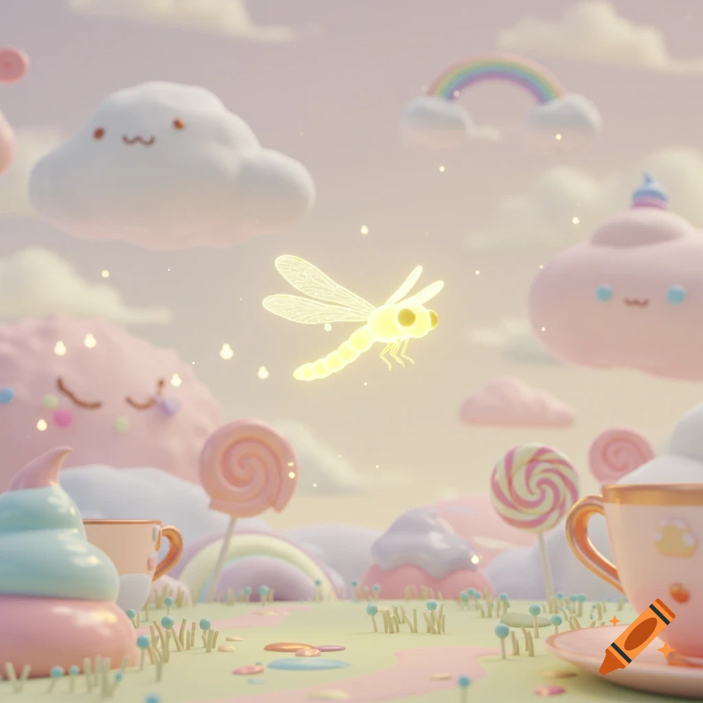 A glowing yellow dragonfly flies through a pastel, cartoon dreamland with smiling clouds, lollipops, teacups, and sweet-like mounds.