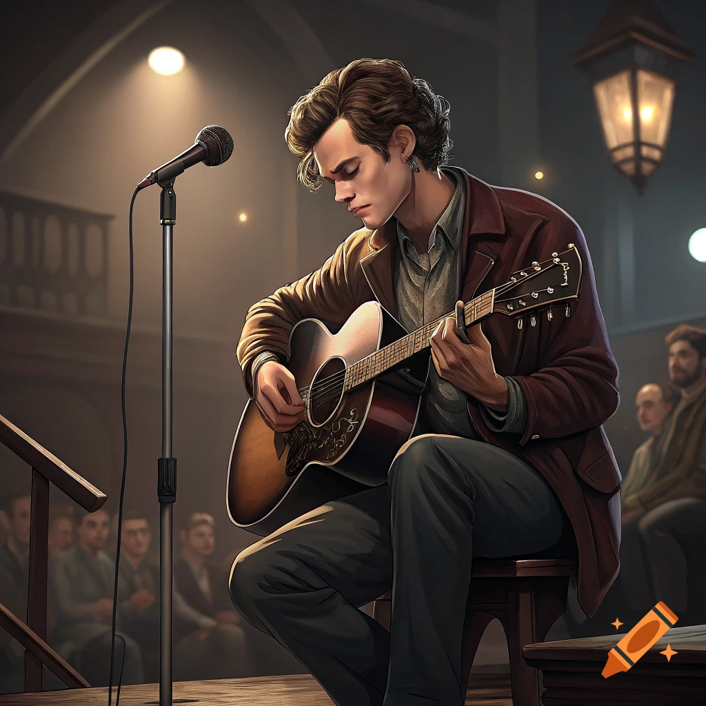 Stylized portrait of a man playing an acoustic guitar on stage with a microphone.