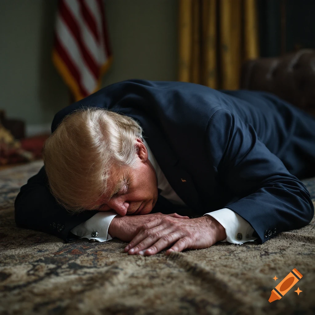 Donald Trump lies face down on a patterned rug, wearing a suit, with a US flag in the background. Photorealistic style.