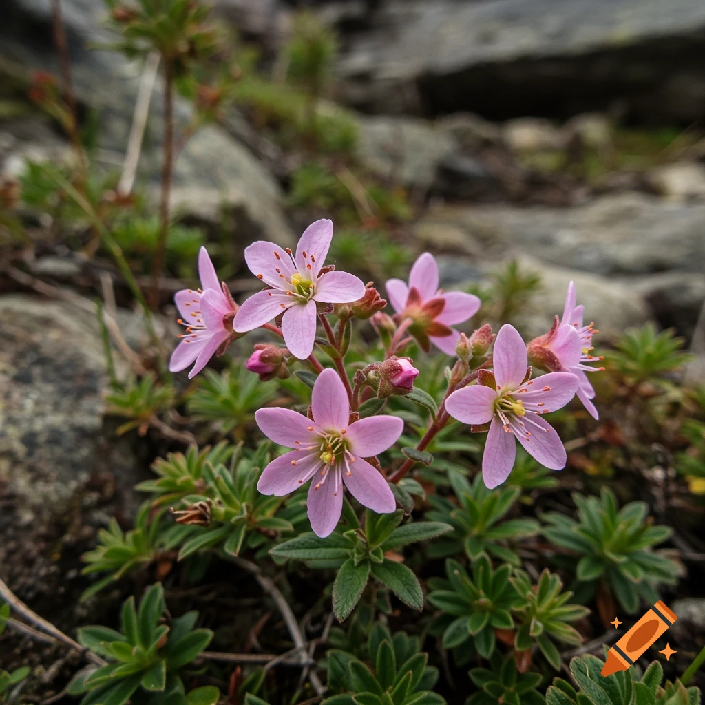 Close-up photorealistic image of small pink flowers blooming among rocks.