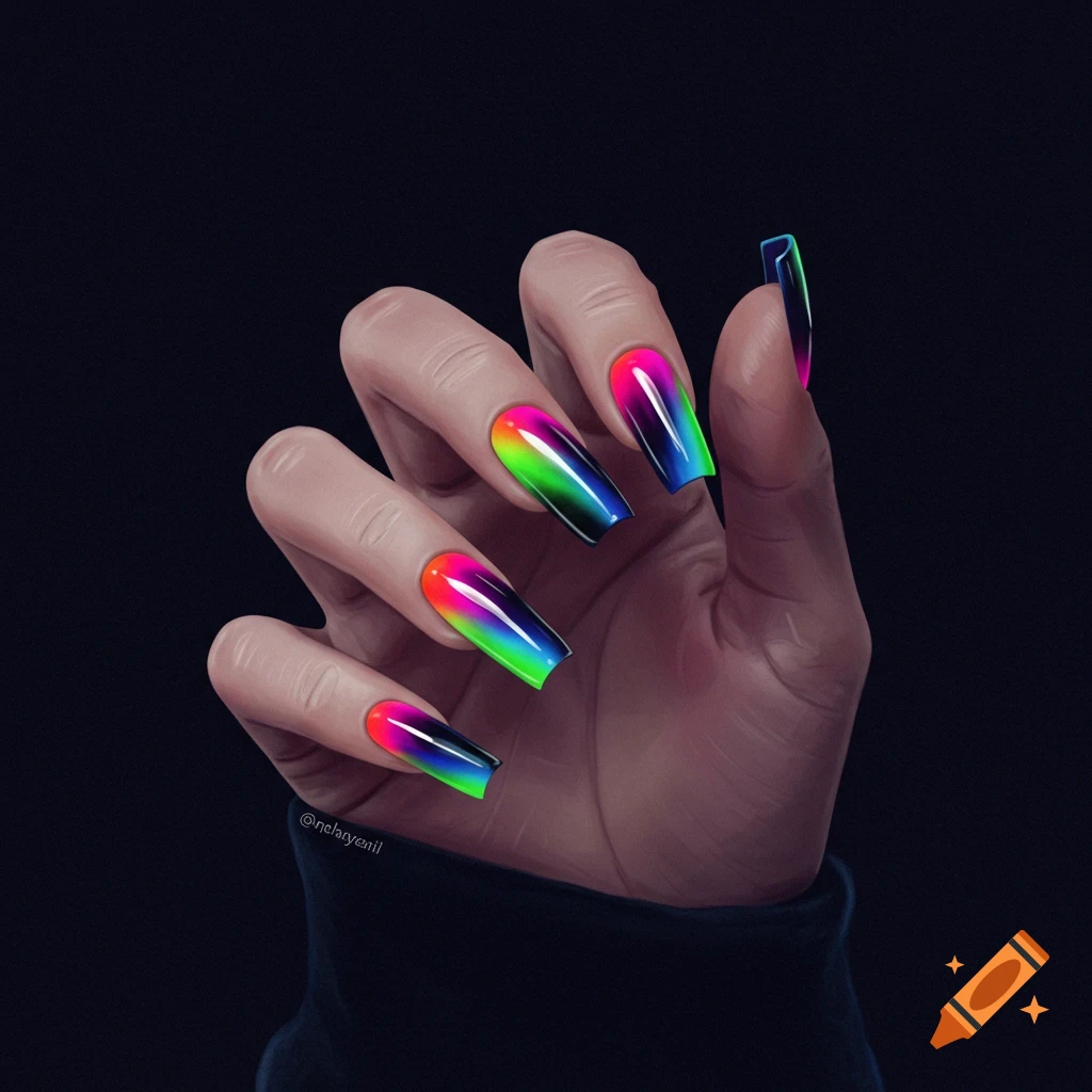 A hand with long coffin nails painted in a rainbow gradient against a dark background.