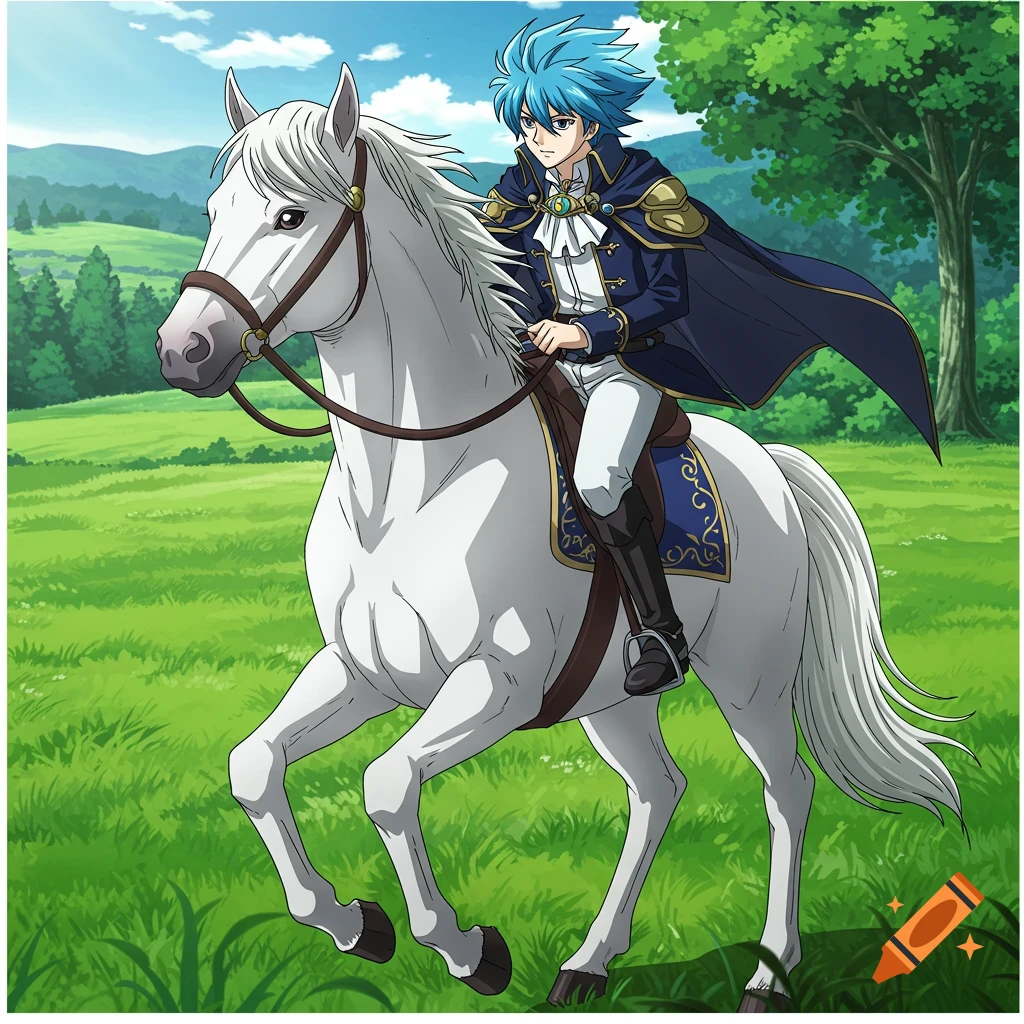 Anime boy with blue hair riding a white horse in a grassy field.