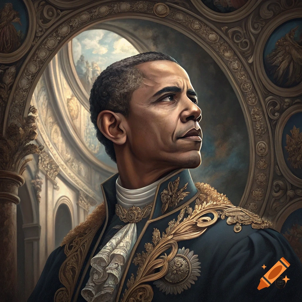 Portrait of Barack Obama in ornate Baroque attire