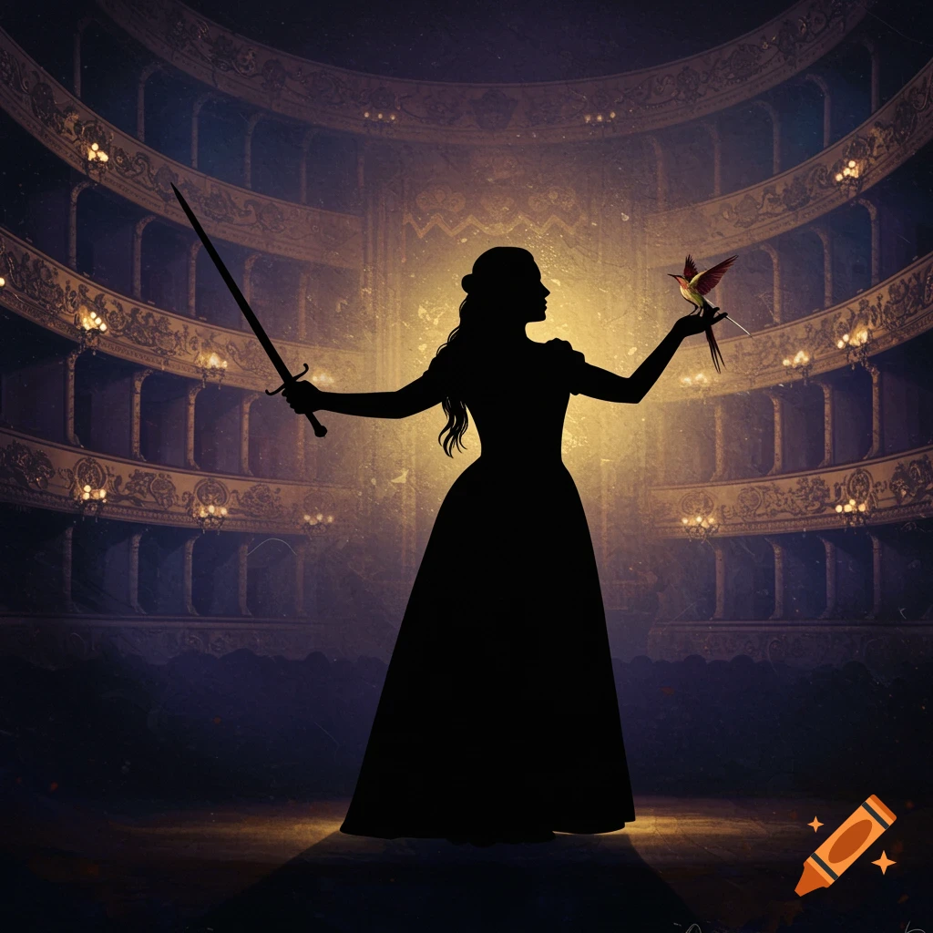 A silhouette of a woman holding a sword and a bird, standing on a stage in a grand opera house.