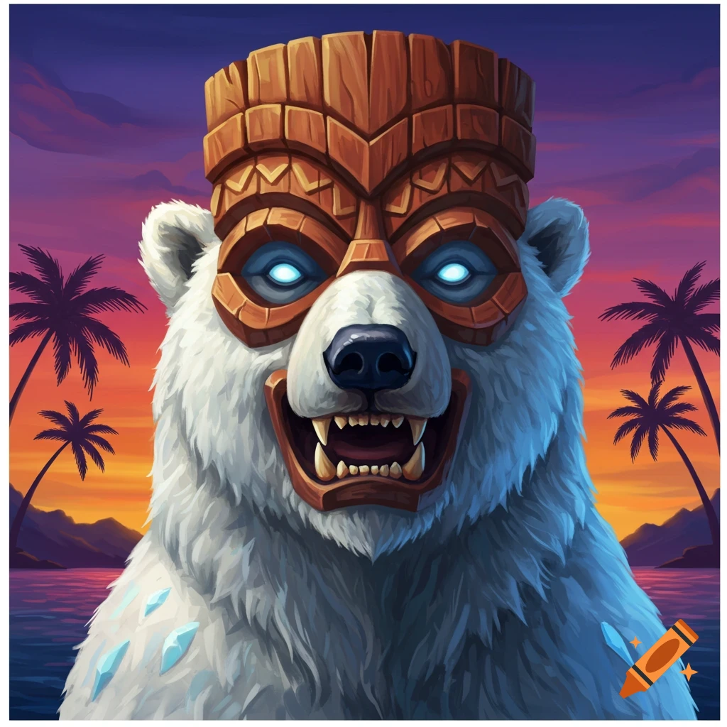 Polar bear wearing a tiki mask with glowing eyes against a tropical sunset background