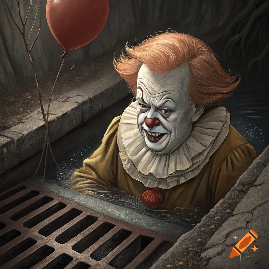 A creepy caricature resembling Pennywise emerging from a sewer grate, holding a red balloon.