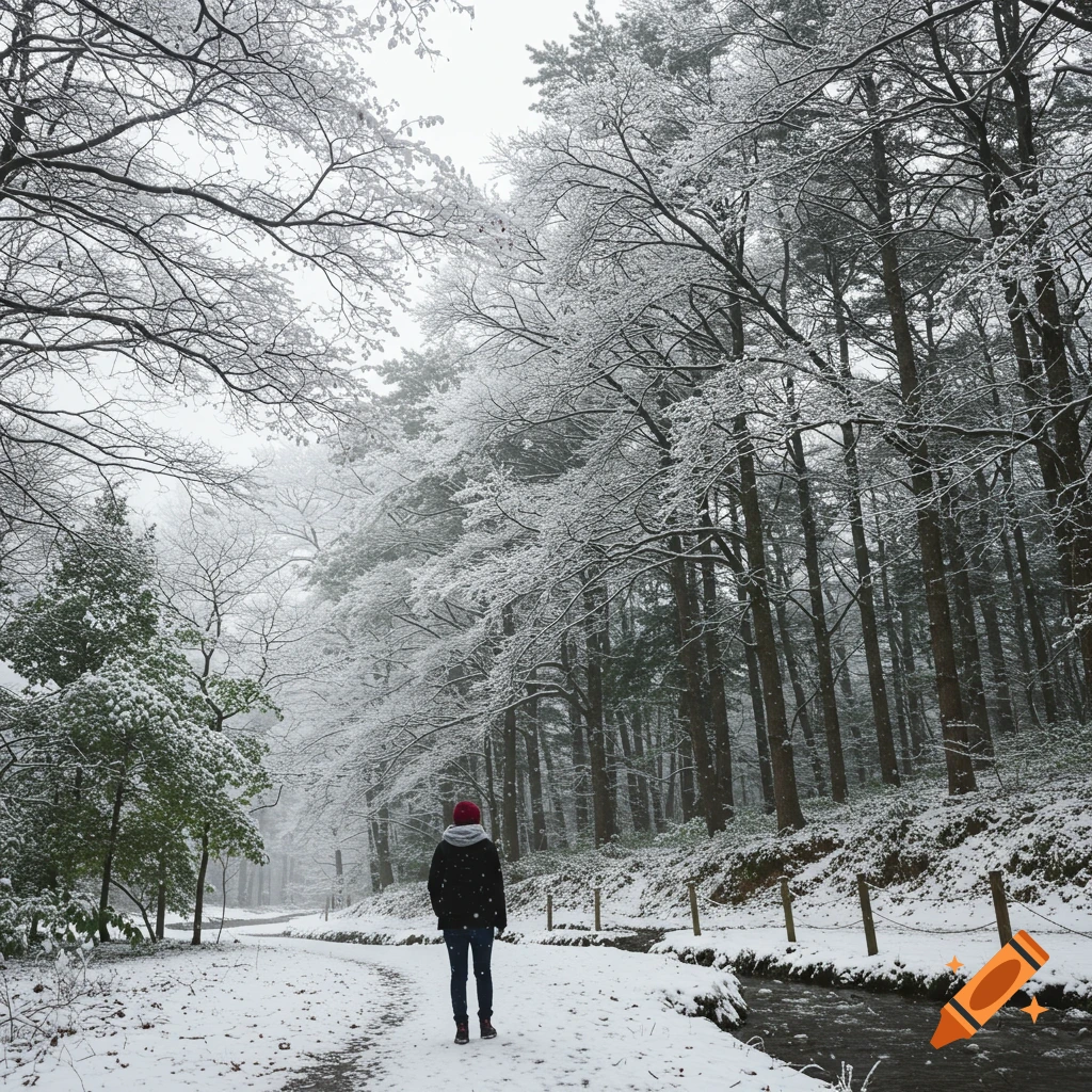 Person walks on a snowy forest path beside a stream in winter.