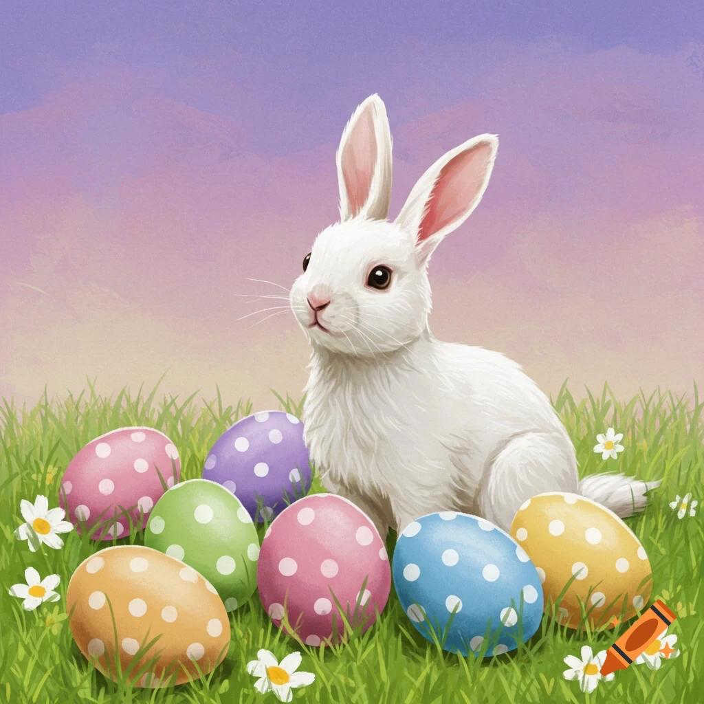 Illustration of a white rabbit with colorful polka dot Easter eggs and flowers in grass under a pastel sky