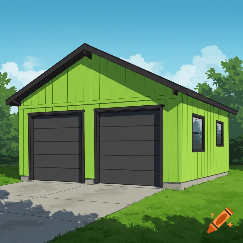An illustration of a green two-car garage with black trim and gray doors.
