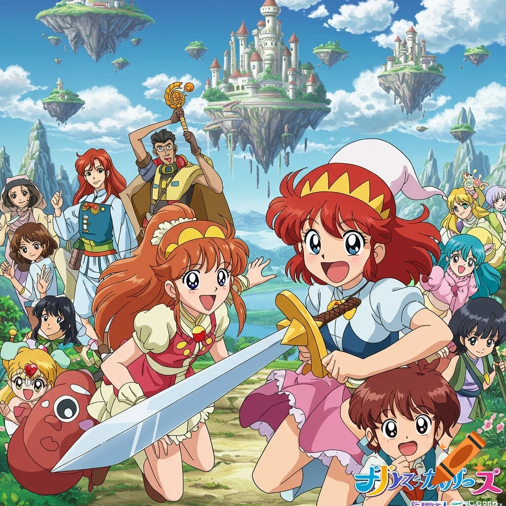 Anime illustration of characters in a fantasy world with floating islands and castles.
