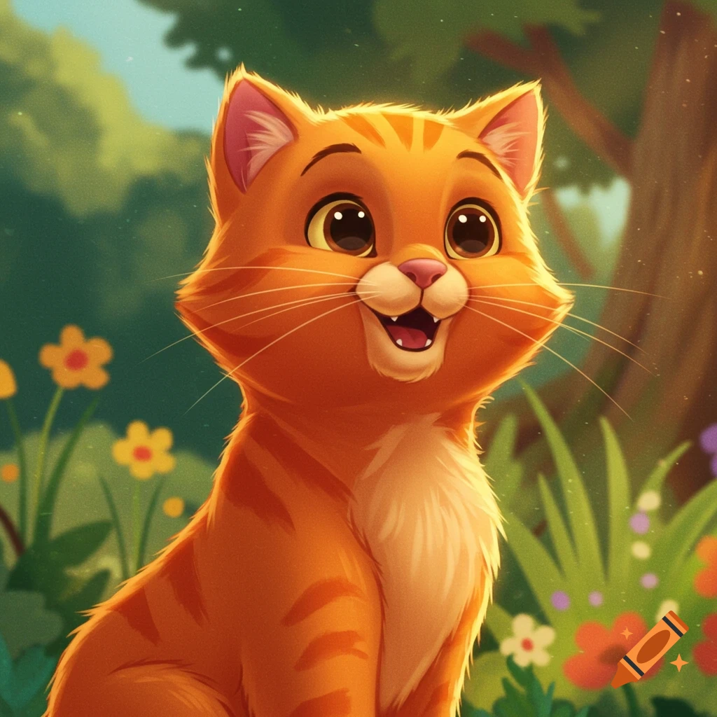 An orange cartoon cat smiling and sitting in a garden.