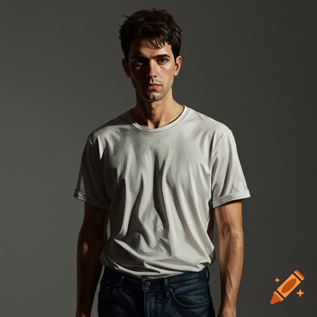 A realistic illustration of a man in a white t-shirt and jeans standing against a grey background.