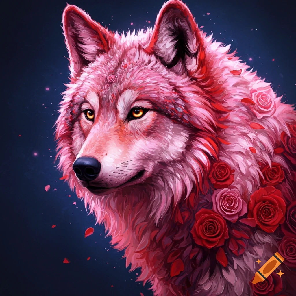 A pink wolf covered in red roses, digital art