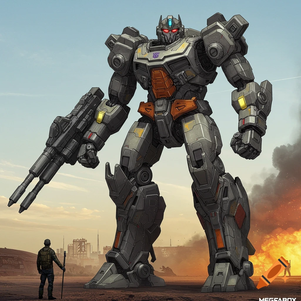 A gigantic mecha robot stands over a human figure in a war-torn landscape with explosions.