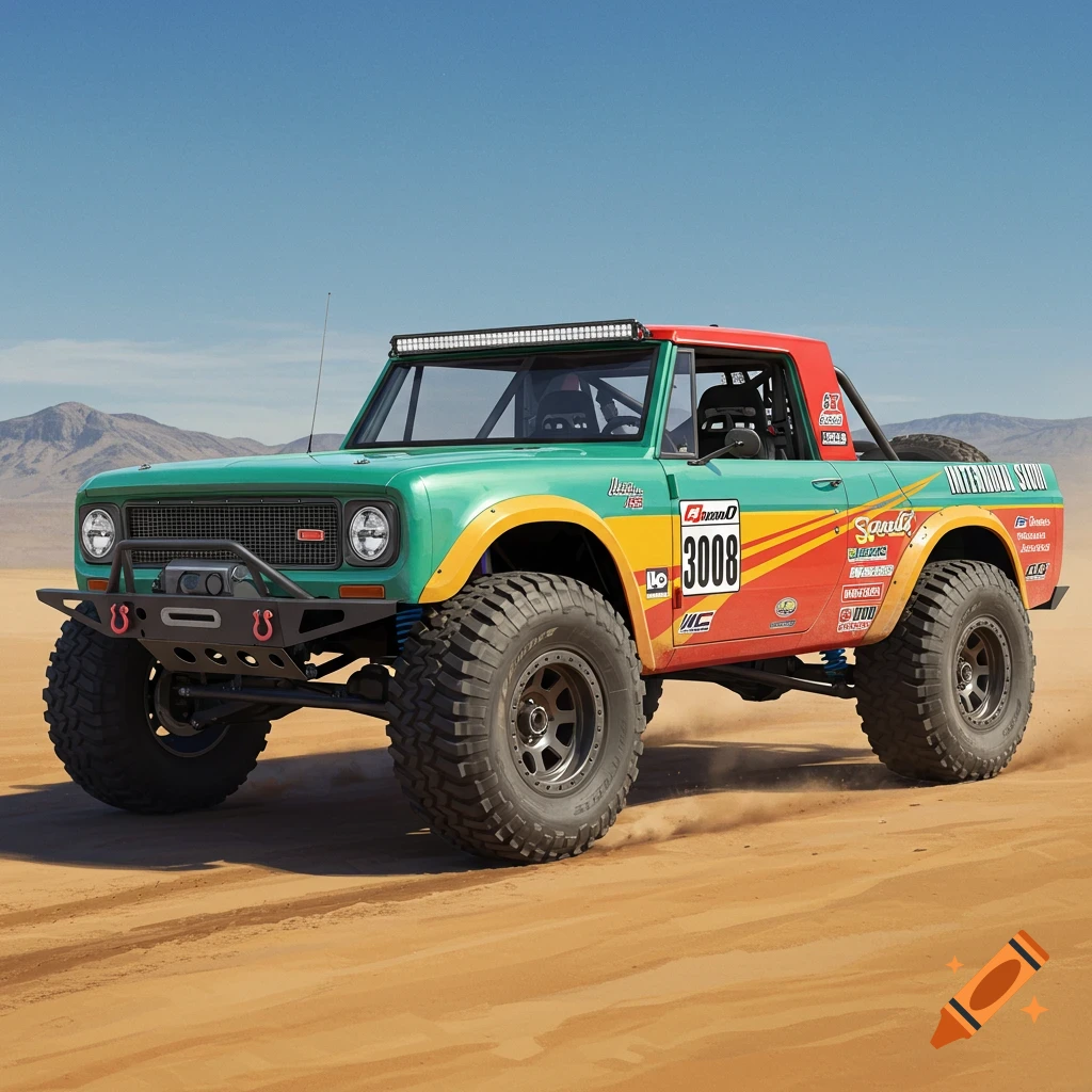A modified International Scout 80 trophy truck in a desert.