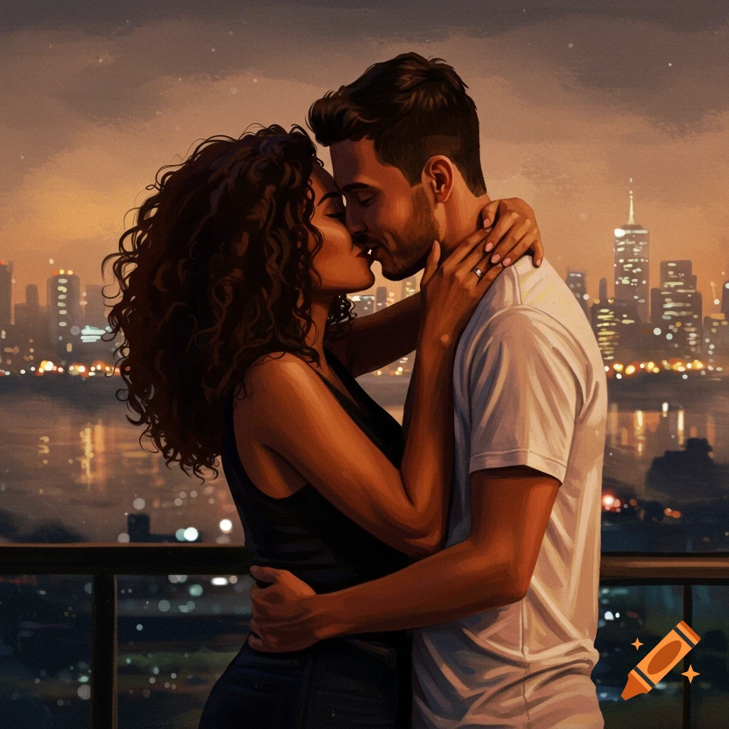 A couple kisses and hugs on a balcony overlooking a city skyline at night.