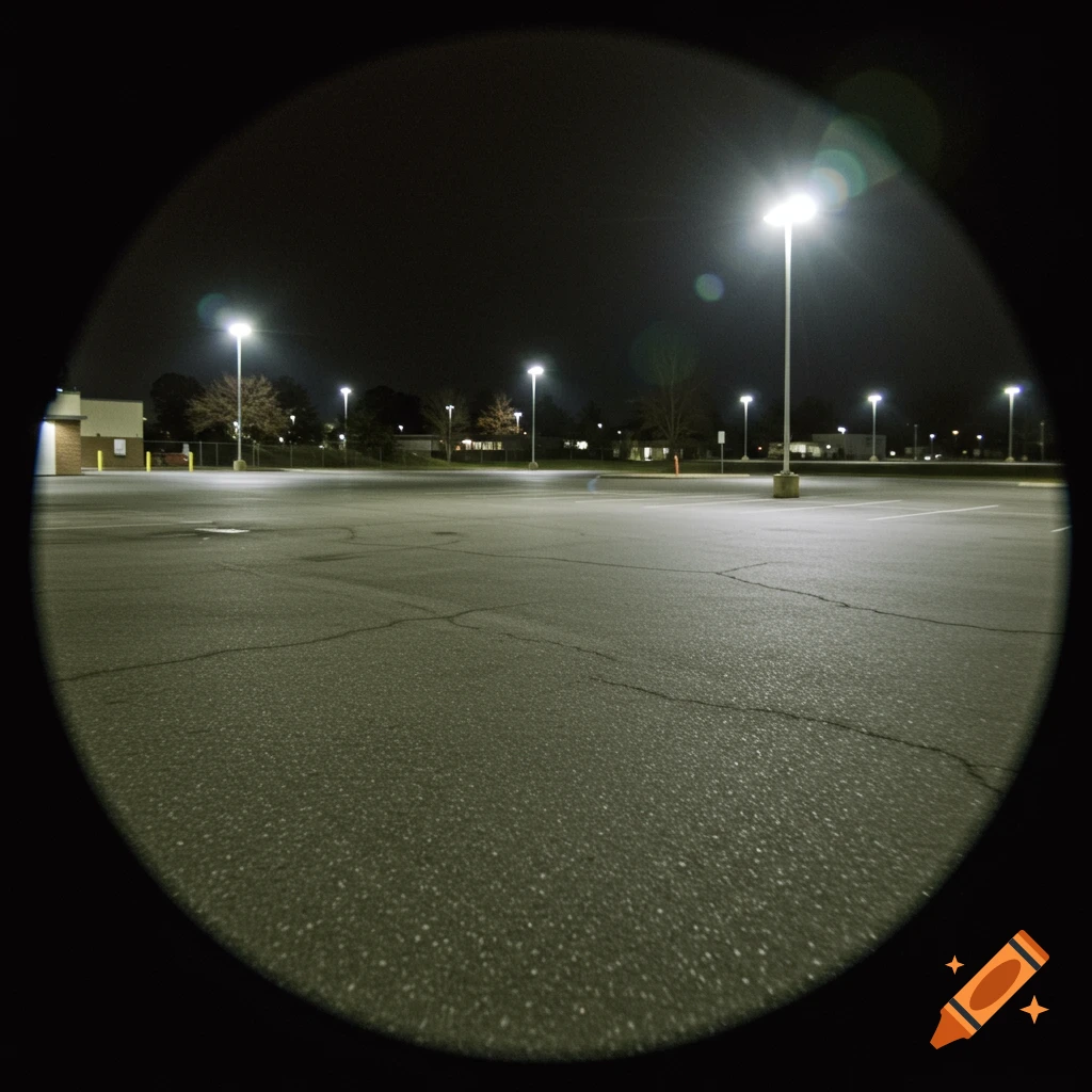 Empty parking lot at night with streetlights, viewed with a wide-angle lens.