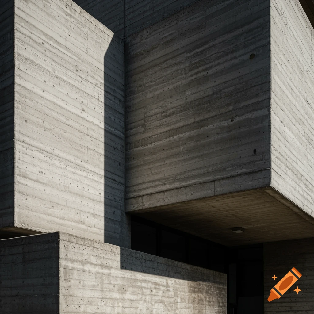 Close up abstract view of geometric concrete forms of a brutalist building with shadows.