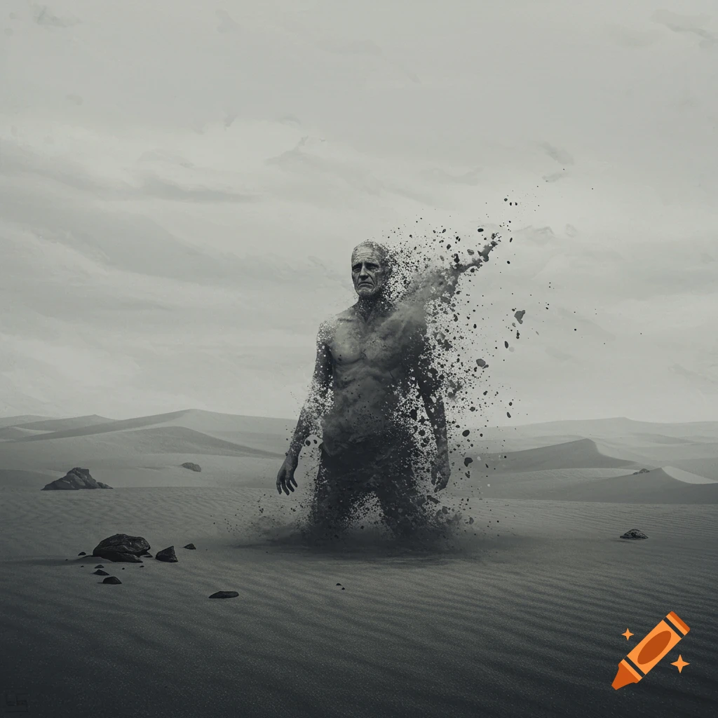 Older man disintegrating into dust in a grayscale desert landscape with dunes and cloudy sky. Digital art.