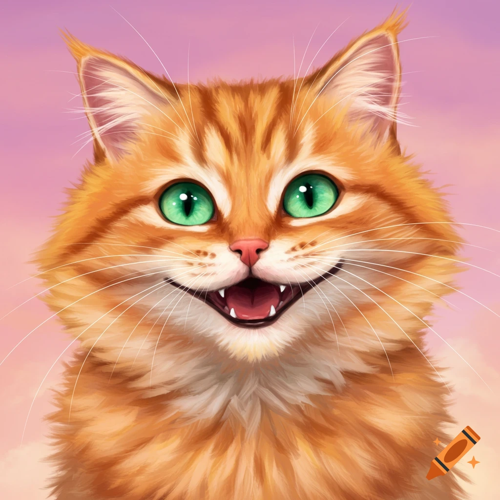 Close-up illustration of a smiling orange cat with big green eyes