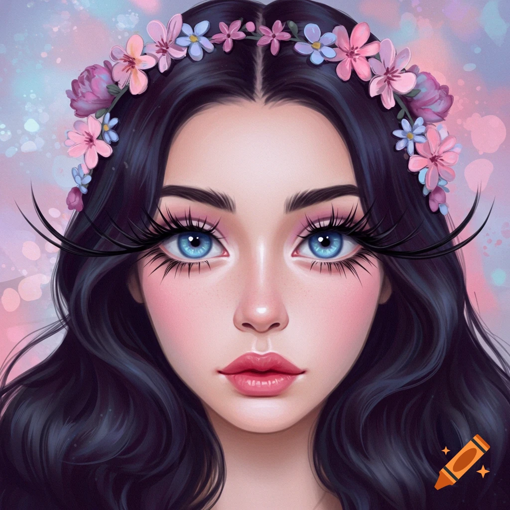 Close-up stylized image of a young woman with blue eyes, long eyelashes, and a flower crown.
